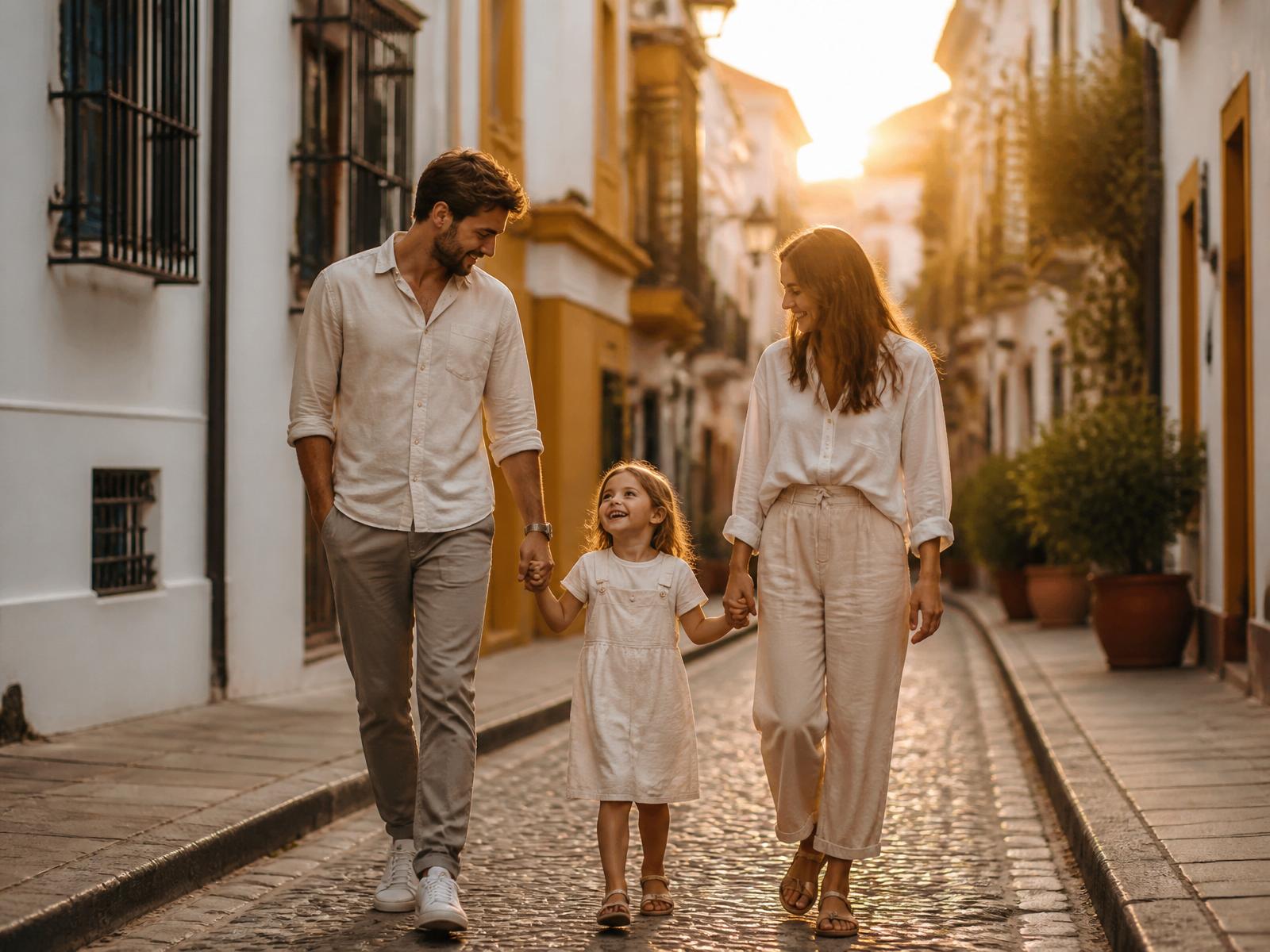 Happy family walking together on a traditional Spanish street at sunset